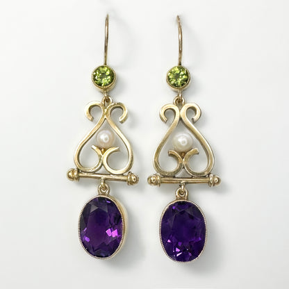 Antique Suffragette Amethyst Peridot and Pearl Drop Earrings