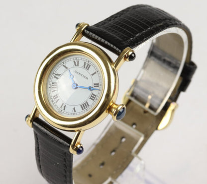 Cartier Diabolo 18ct Yellow Gold 27mm MidSize Ladies Quartz Watch, Ref 1440, white dial, Roman numerals, blue steel Breguet hands, blue cabochon gem set crown and lugs, black leather strap with plated buckle