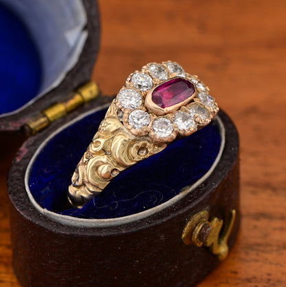 Antique Regency Natural No Heat Ruby and Old Mine Cut Diamond Cluster Memorial Ring