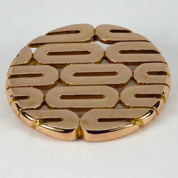 French Retro Oval Motif 18ct Rose Gold Pendant; with pierced fluid geometric design,