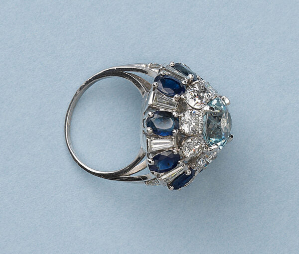 Vintage Aquamarine, Sapphire and Diamond Bombe Cocktail Ring in Platinum, Circa 1950