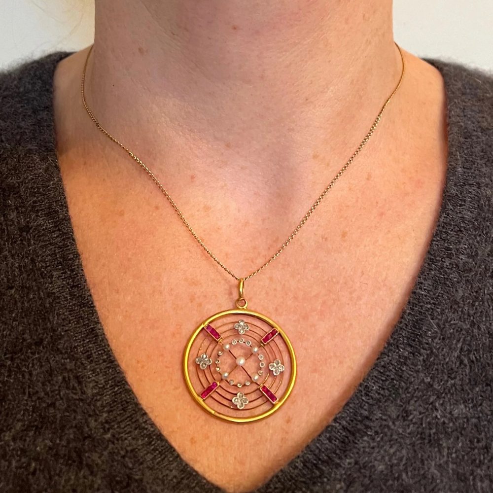 Edwardian Antique Natural Pearl Ruby Diamond Target Pendant