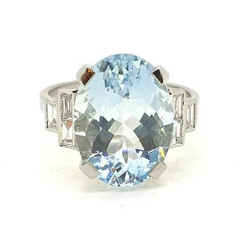 6.50ct Oval Aquamarine and Baguette Diamond Ring in Platinum