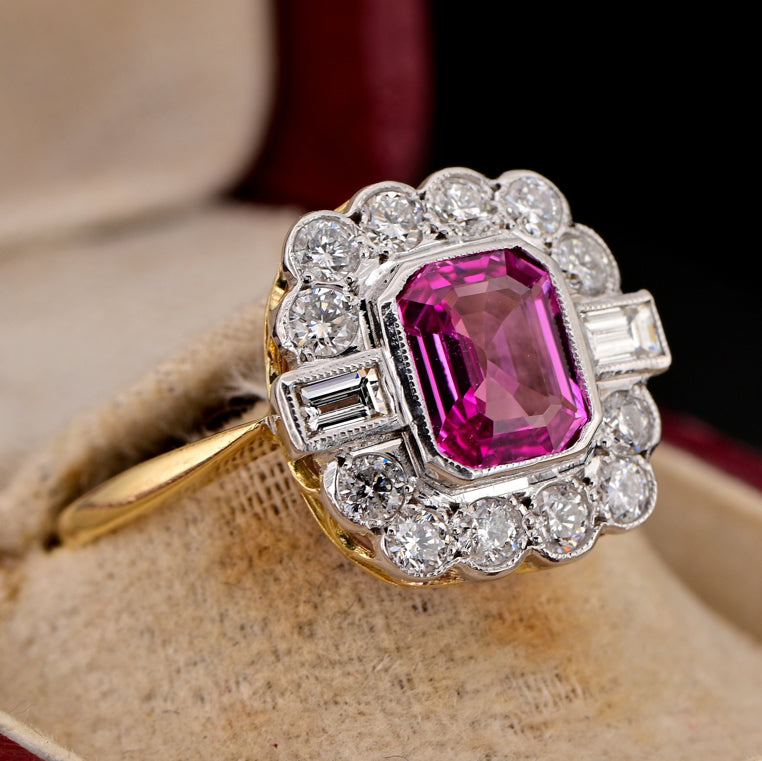 Art Deco Certified 1.40ct Natural No Heat Madagascan Pink Sapphire and Diamond Cluster Engagement Ring