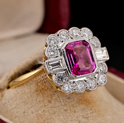Art Deco Certified 1.40ct Natural No Heat Madagascan Pink Sapphire and Diamond Cluster Engagement Ring