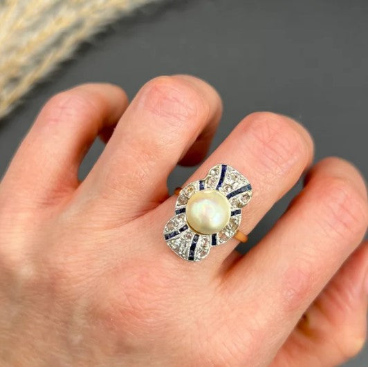Edwardian Antique Natural Pearl Sapphire and Diamond Plaque Cocktail Ring