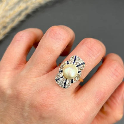 Edwardian Antique Natural Pearl Sapphire and Diamond Plaque Cocktail Ring