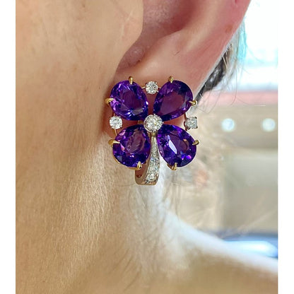 Vintage Tiffany and Co Amethyst and Diamond Four Leaf Clover Earrings, Circa 1980