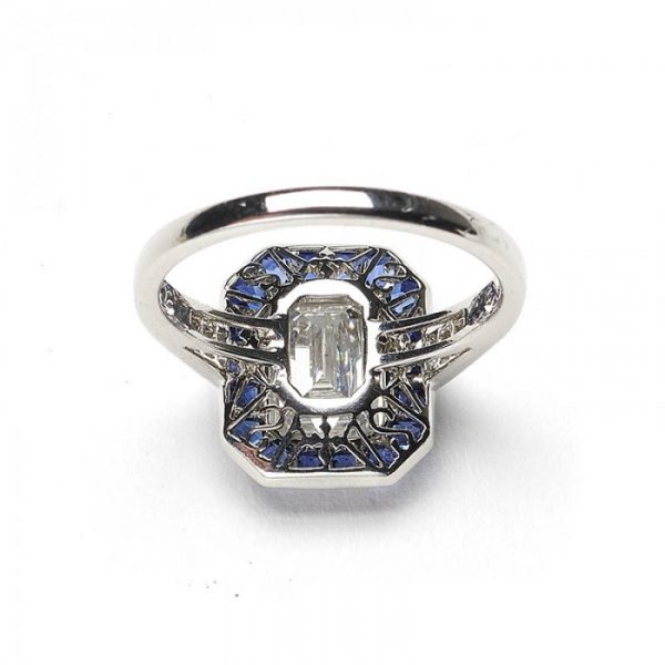 2.01ct Emerald Cut Diamond and Sapphire Cluster Ring, F VS2, Platinum