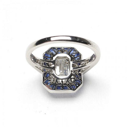 2.01ct Emerald Cut Diamond and Sapphire Cluster Ring, F VS2, Platinum