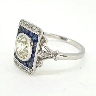 1.25ct Old Cut Diamond and Calibre Sapphire Plaque Ring 18ct white gold