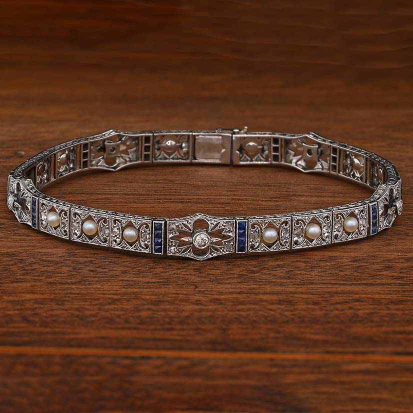 Edwardian Antique Natural Pearl Diamond and Sapphire Filigree Bracelet