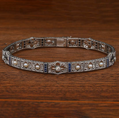 Edwardian Antique Natural Pearl Diamond and Sapphire Filigree Bracelet