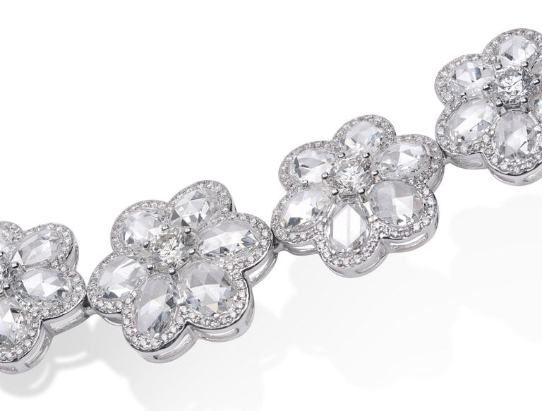 Rose Cut Diamond Floral Cluster Necklace, 36.39 carats, 18ct White Gold
