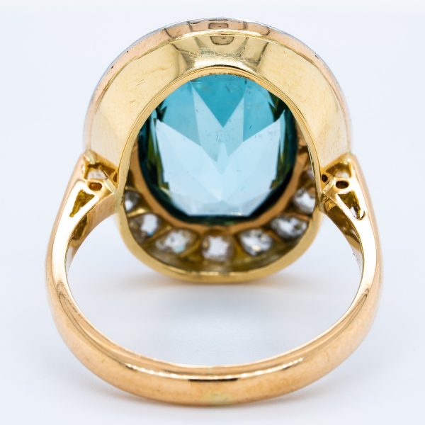 Antique Edwardian 9ct Aquamarine and Diamond Oval Cluster Ring in 18ct Yellow Gold
