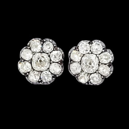 Victorian Antique 6.80ct Old Mine Cut Diamond Cluster Stud Earrings, Circa 1870