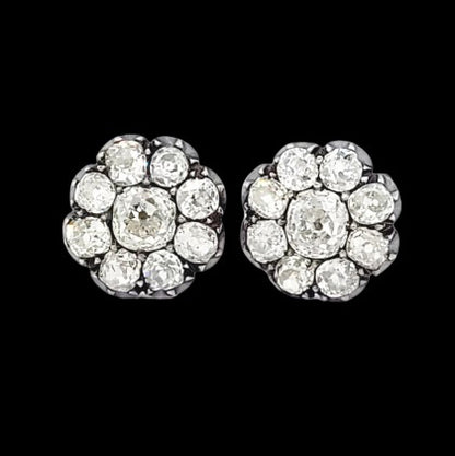 Victorian Antique 6.80ct Old Mine Cut Diamond Cluster Stud Earrings, Circa 1870