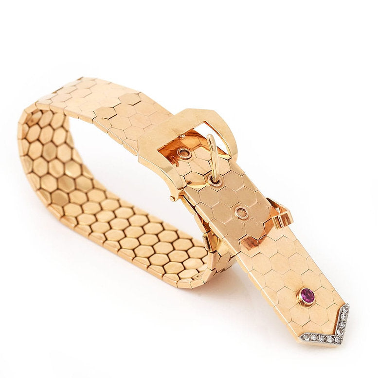 Vintage 18ct Gold Buckle Bracelet with Pink Sapphire and Diamonds