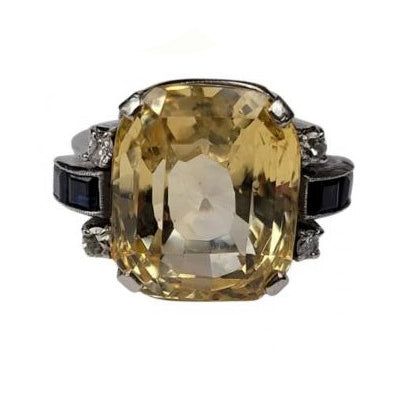 Vintage 1940s Retro 16cts Cushion Cut Yellow Sapphire Ring with Blue Sapphire and Diamond Shoulders in Platinum