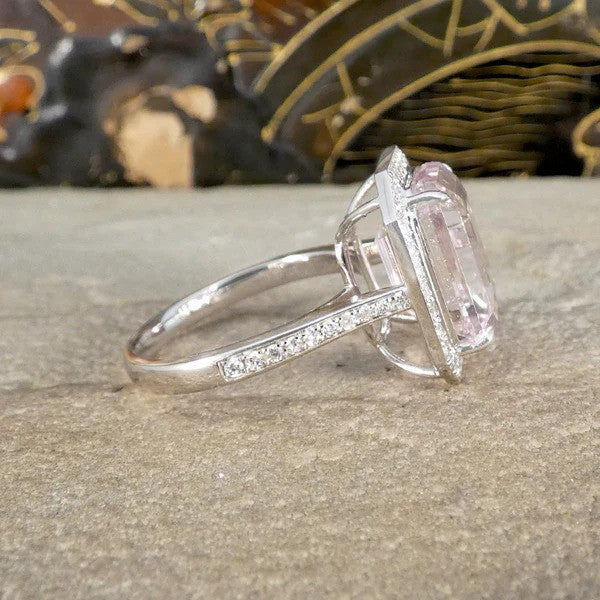 8.38ct Emerald Cut Pink Kunzite and Diamond Cluster Ring