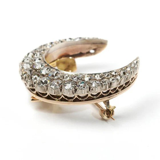 Antique 4ct Old Mine Cut Diamond Crescent Moon Brooch