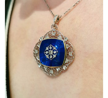 On Model blue Art Deco Guilloche Enamel Diamond Platinum and Gold Locket Pendant, Circa 1930