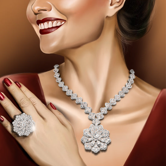 Diamond Flower Cluster Cocktail Ring; set with 54 pear shaped rose cut diamonds surrounded by round brilliant cut diamonds, 4.38 carats