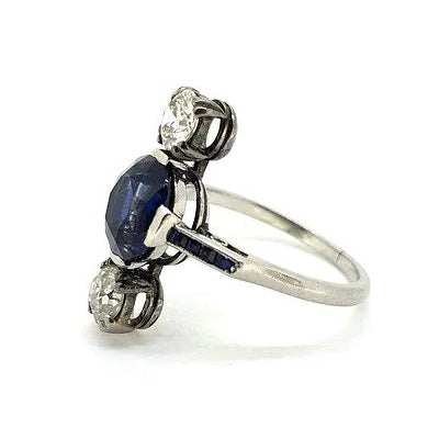 Natural Sapphire and Old Cut Diamond Trilogy Ring in Platinum