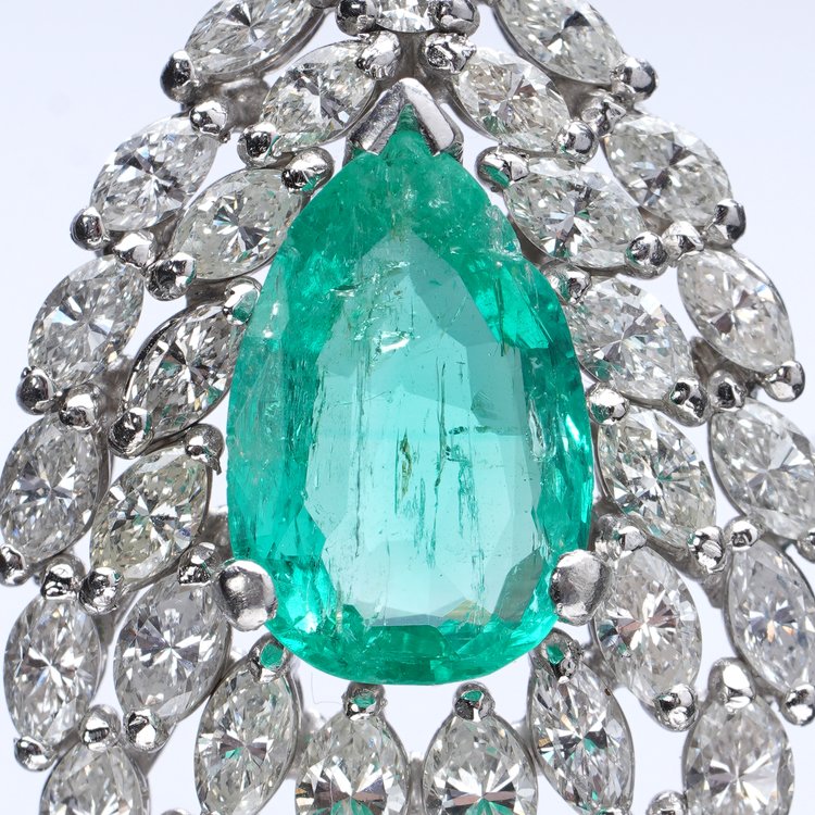 4.6ct Pear Cut Colombian Emerald and Marquise Diamond Cluster Drop Earrings
