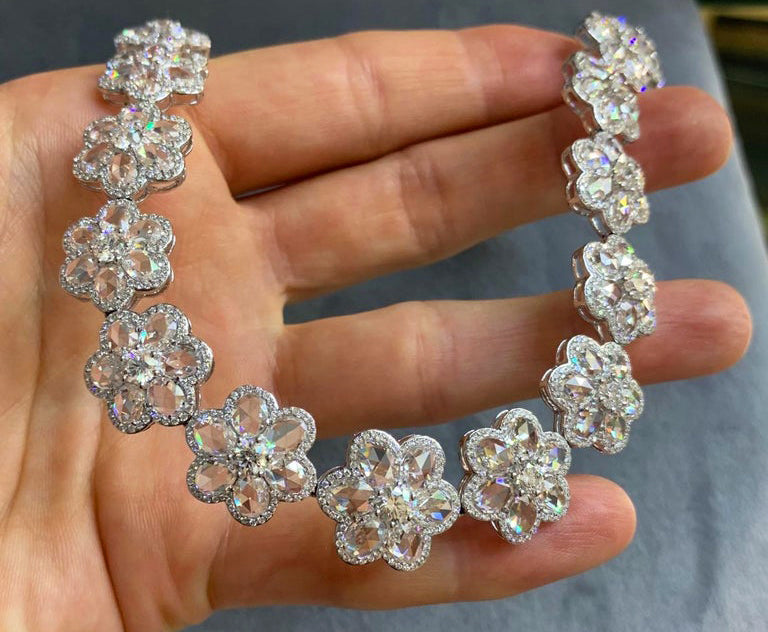 Rose Cut Diamond Floral Cluster Necklace, 36.39 carats, 18ct White Gold