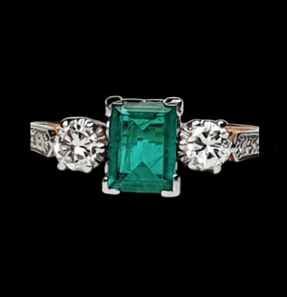 Vintage 1940s Emerald and Diamond Three Stone Engagement Ring in 18ct Yellow Gold