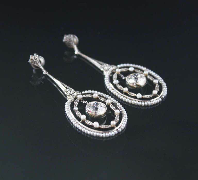 Belle Epoque Seed Pearl and Diamond Drop Earrings in Platinum
