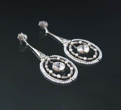 Belle Epoque Seed Pearl and Diamond Drop Earrings in Platinum