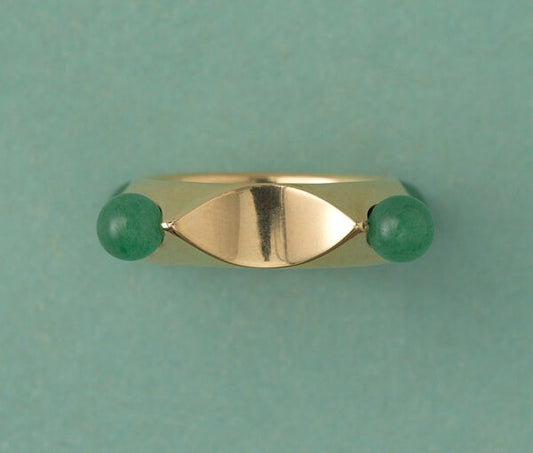 Vintage Retro Aventurine and 18ct Yellow Gold Ring; unique 18ct yellow gold square-shaped ring with aventurine ball set to each corner, France
