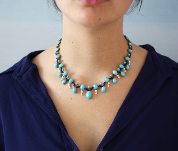 Vintage Turquoise, Diamond and Enamel Fringe Necklace, Circa 1960