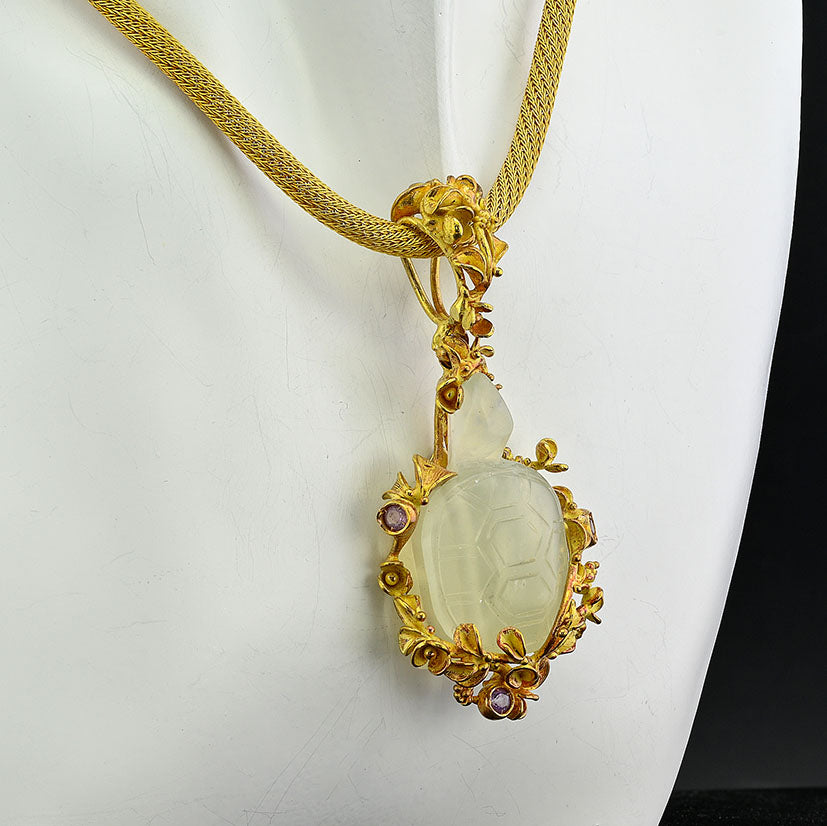 Antique Carved Hardstone Turtle and Gold Pendant on Yellow Gold Rope Snake Chain Necklace