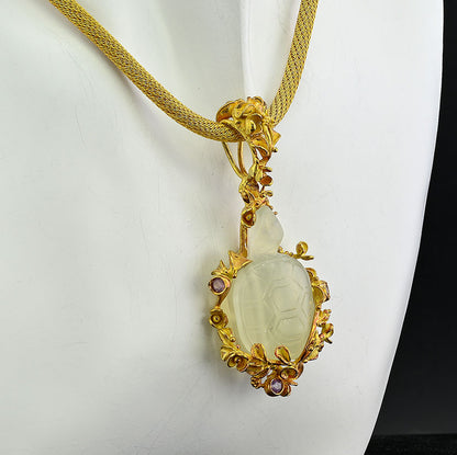 Antique Carved Hardstone Turtle and Gold Pendant on Yellow Gold Rope Snake Chain Necklace