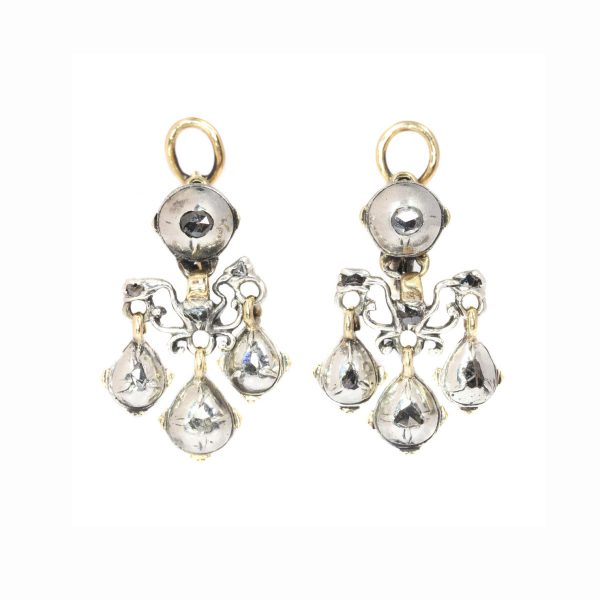 Antique Baroque Rose Cut Diamond Earrings, Silver and Gold, Circa 1700