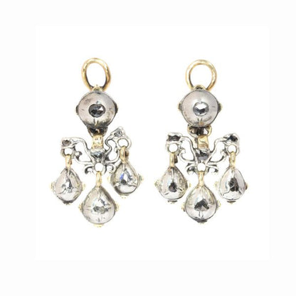 Antique Baroque Rose Cut Diamond Earrings, Silver and Gold, Circa 1700