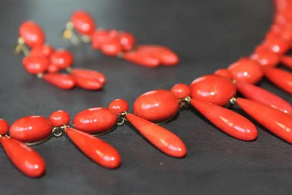 Antique Coral Fringe Necklace and Earrings Suite