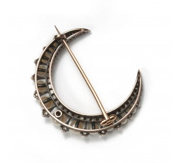 Antique Victorian Natural Pearl and Rose Cut Diamond Crescent Brooch in Silver Upon Gold, Circa 1890