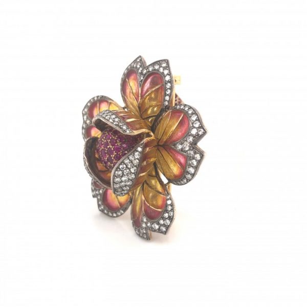 Plique-a-Jour Enamel, Ruby and Diamond Flower Brooch