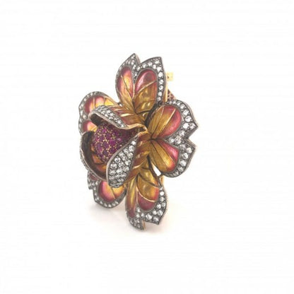 Plique-a-Jour Enamel, Ruby and Diamond Flower Brooch