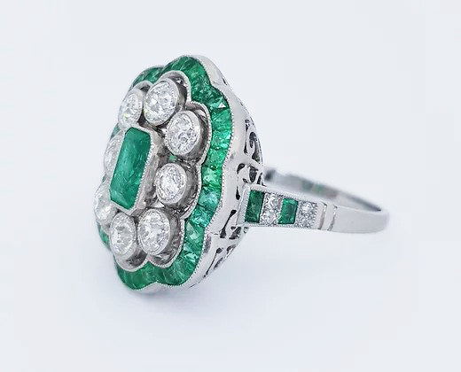 Vintage Emerald and Diamond Floral Cluster Dress Ring, in platinum