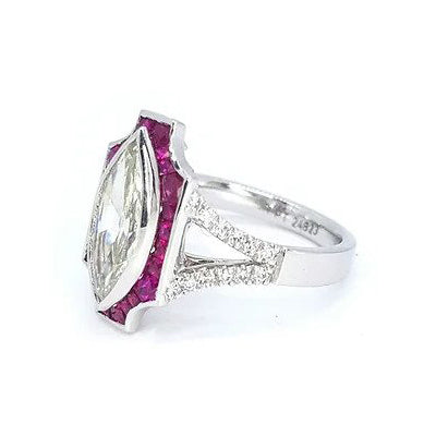 Certified 1.60ct Marquise Diamond and Calibre Ruby Cluster Ring