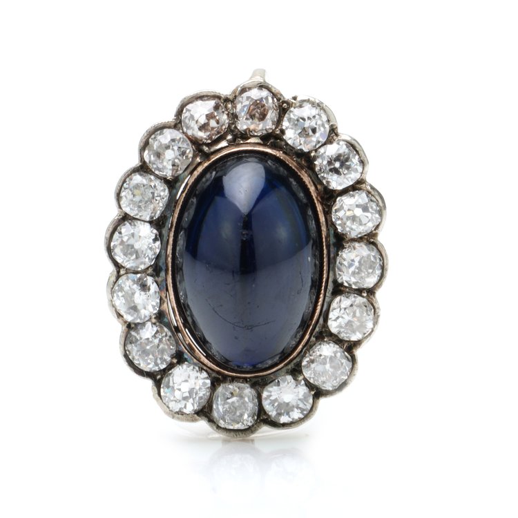 Antique Russian Cabochon Sapphire and Diamond Cluster Earrings
