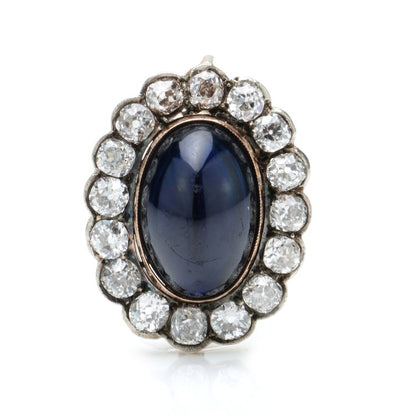 Antique Russian Cabochon Sapphire and Diamond Cluster Earrings