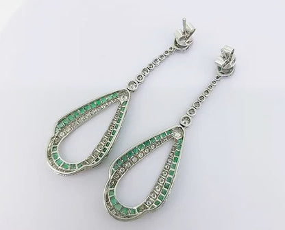 Pair of Contemporary Emerald, Diamond and Platinum Drop Earrings