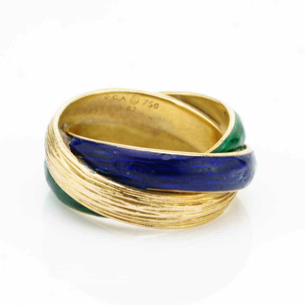 Vintage Van Cleef and Arpels 18ct Gold Blue and Green Enamel Twisted Ring