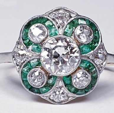 Antique Edwardian Emerald and Diamond Floral Cluster Dress Ring